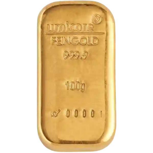 100 Gram Umicore Cast Gold Bar