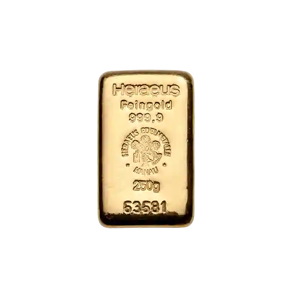 250 Gram Heraeus Cast Gold Bar