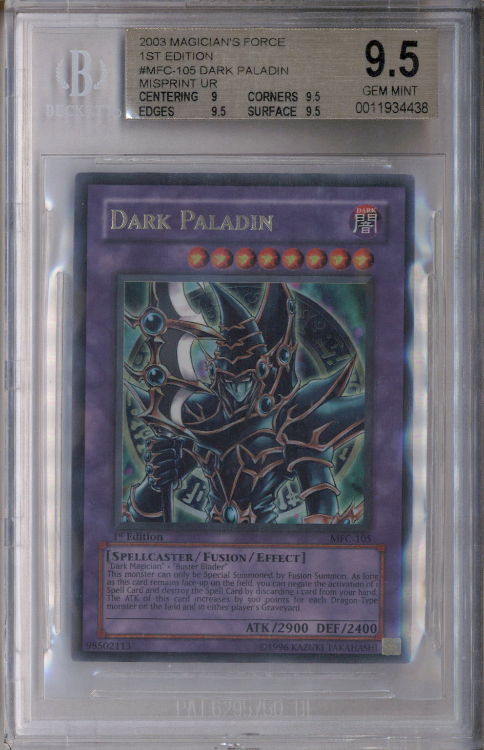 2003 Yu-Gi-Oh Magician's Force 1st Edition Dark Paladin Misprint BGS 9.5