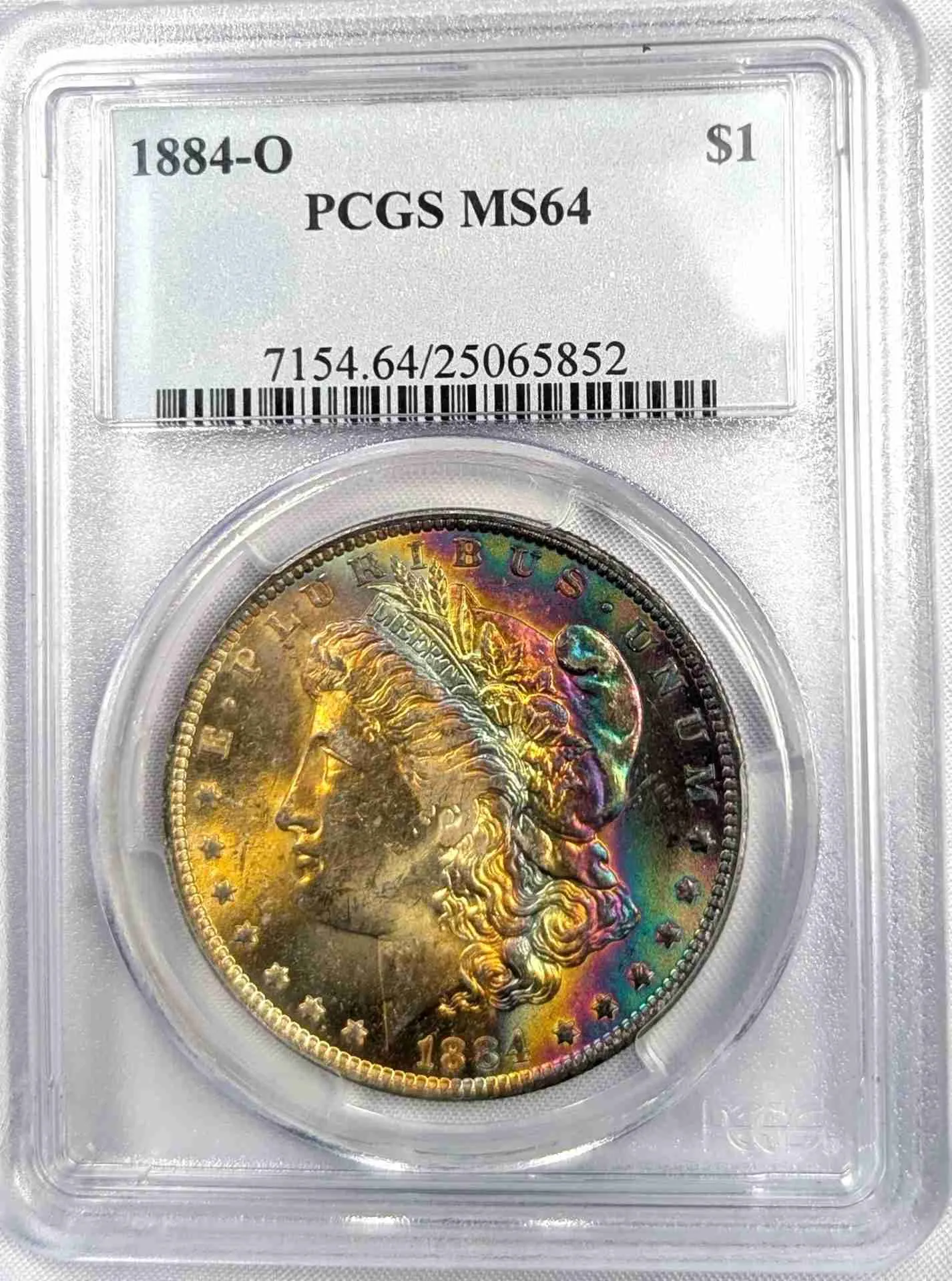 Blue Chip Quality 1884-O Silver Morgan Dollar PCGS MS64 W/ Rainbow Crescent Bag Toning XX53