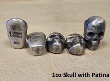 1 oz Antiqued Skull 999+ Fine Silver Bullion Bar Yeager's Poured Silver - YPS
