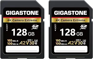 [5-Yrs Free Data Recovery] GIGASTONE 128GB SD Card 2-Pack, 4K Camera Extreme, UHS-I A2 V30 U3 C10 SDXC Memory Card High Speed, Speed up to 170MB/s, Compatible with Pentax Kodak Olympus Digital Camera