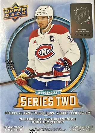2025 2026 Upper Deck Hockey Series 2 Sealed 48 Card Blaster Box Containing an OPC Glossy Card and an Exclusive Green Dazzler Card Plus Chance for Matthew Schaefer Young Guns Rookie Card and More