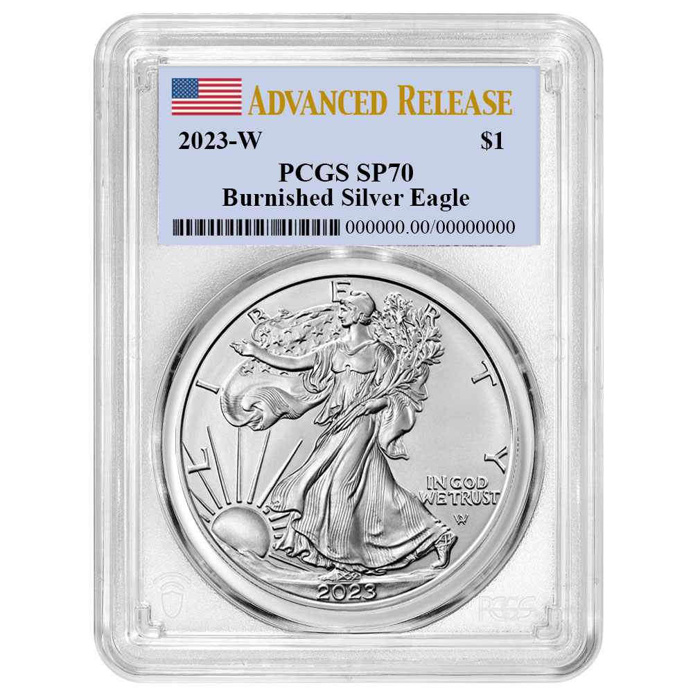 2023-W Burnished $1 American Silver Eagle PCGS SP70 AR Flag Label