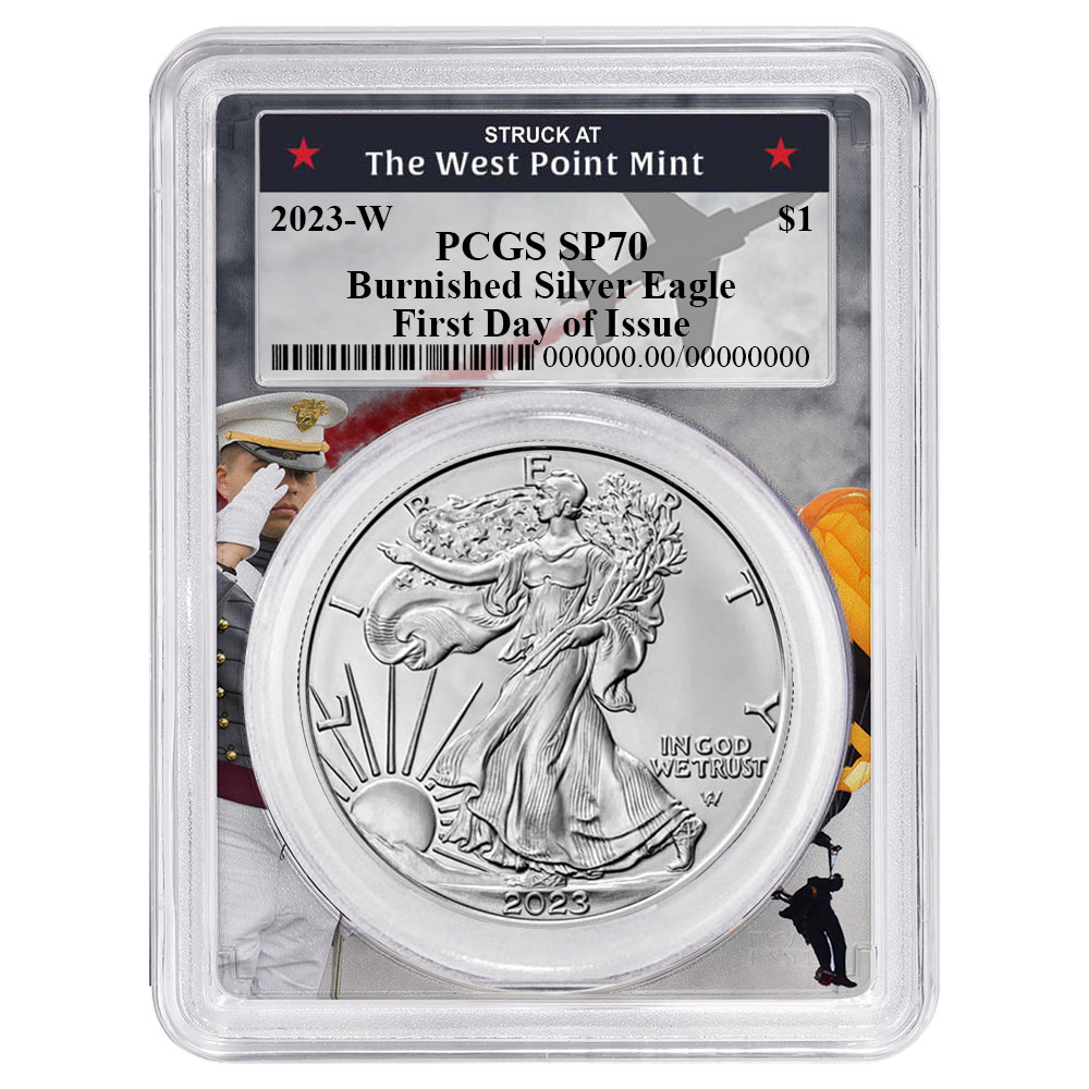 2023-W Burnished $1 American Silver Eagle PCGS SP70 FDOI West Point Frame