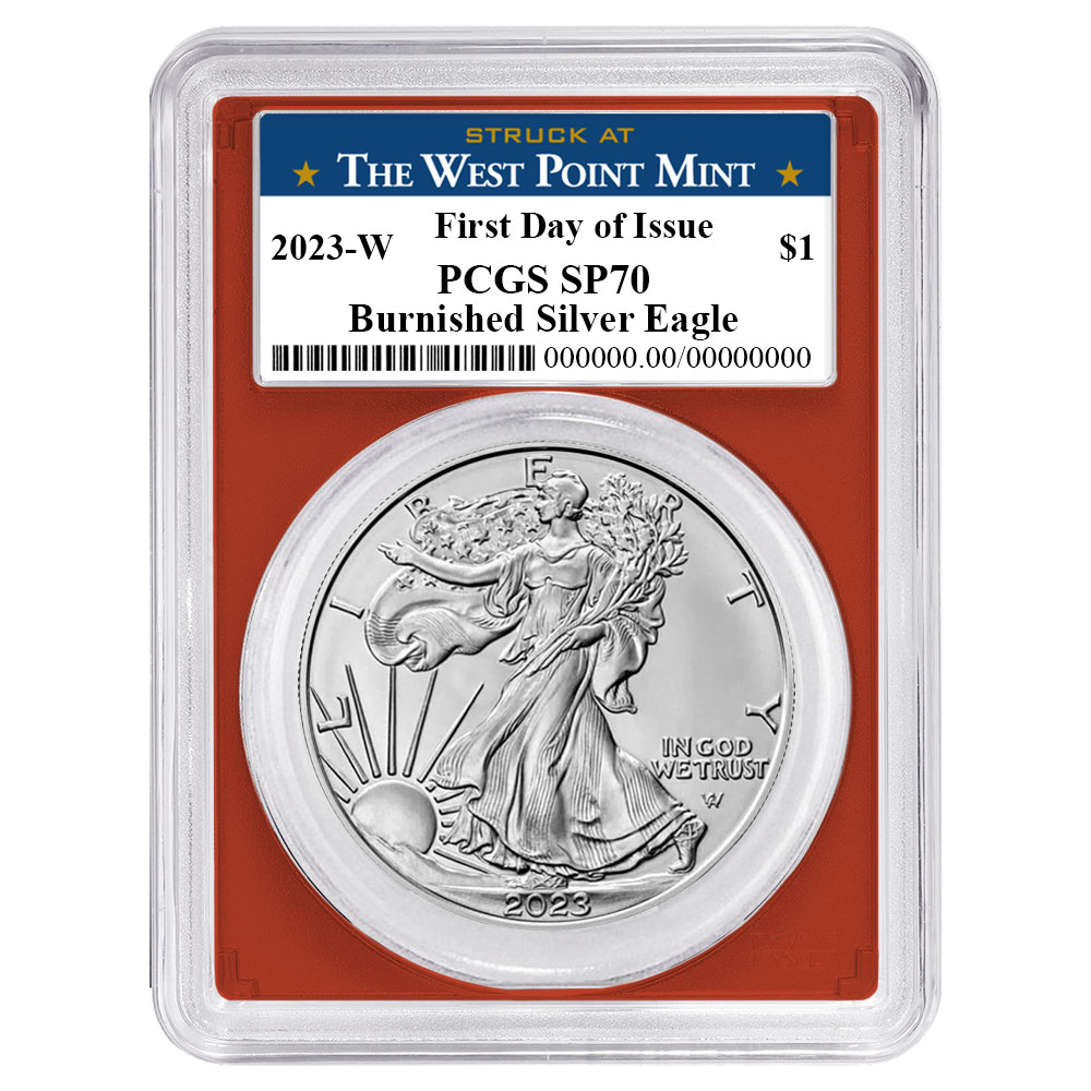2023-W Burnished $1 American Silver Eagle PCGS SP70 FDOI West Point Label Red Frame
