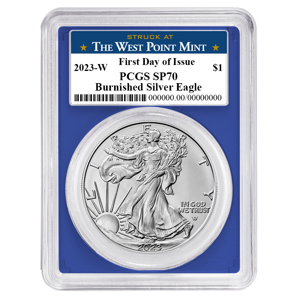 2023-W Burnished $1 American Silver Eagle PCGS SP70 FDOI West Point Label Blue Frame