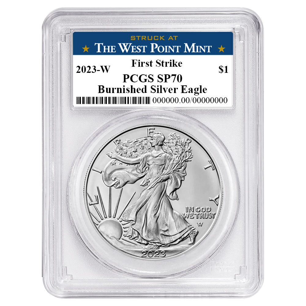 2023-W Burnished $1 American Silver Eagle PCGS SP70 FS West Point Label