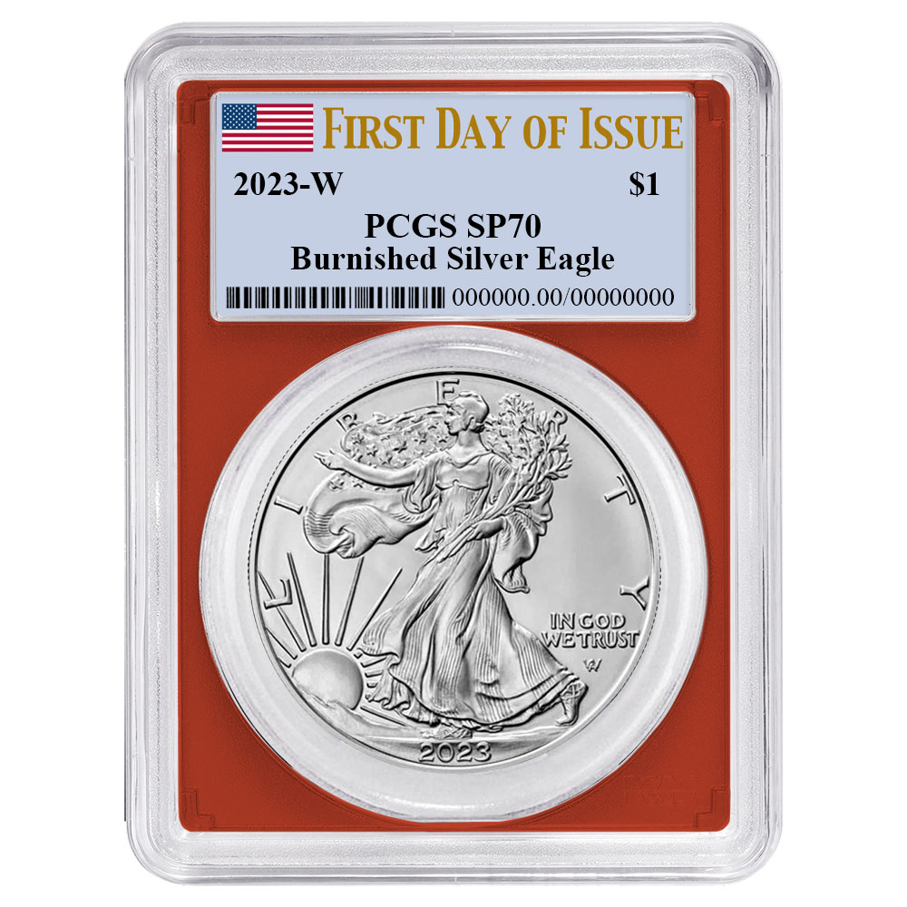 2023-W Burnished $1 American Silver Eagle PCGS SP70 FDOI Flag Label Red Frame