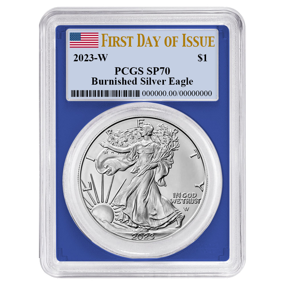 2023-W Burnished $1 American Silver Eagle PCGS SP70 FDOI Flag Label Blue Frame