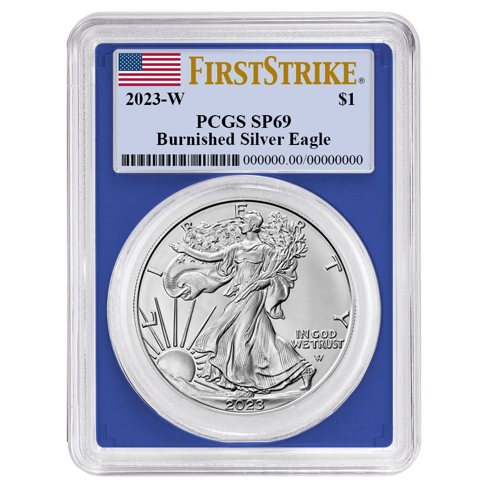 2023-W Burnished $1 American Silver Eagle PCGS SP69 FS Flag Label Blue Frame