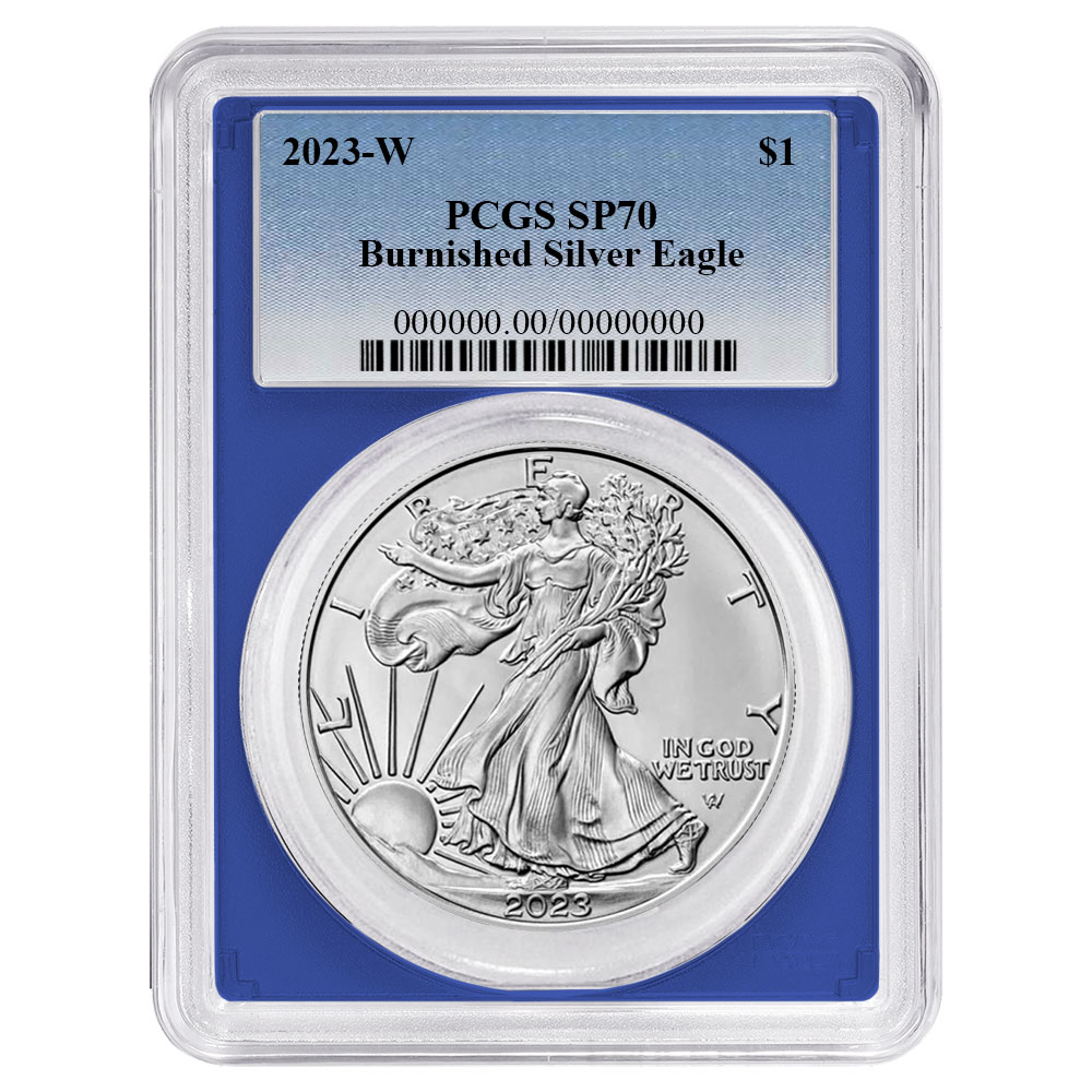 2023-W Burnished $1 American Silver Eagle PCGS SP70 Blue Label Blue Frame