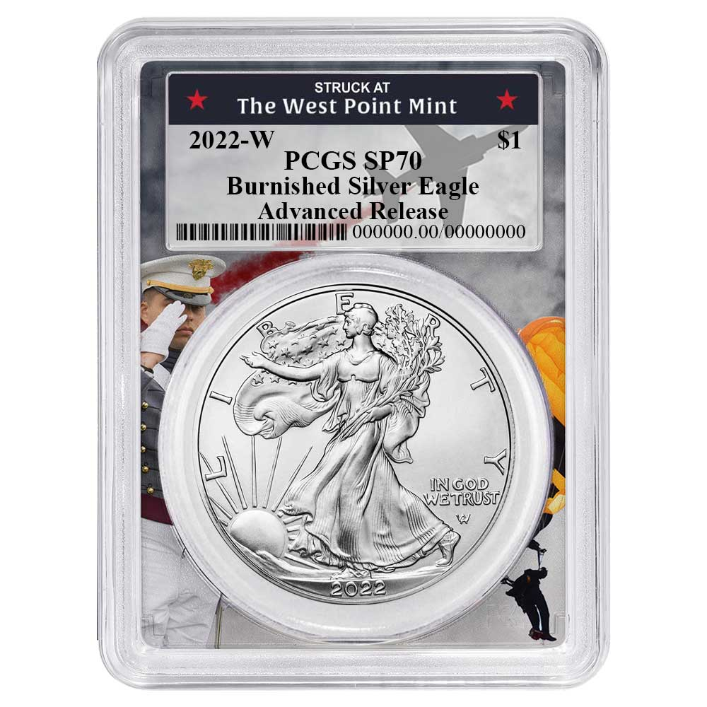 2022-W Burnished $1 American Silver Eagle PCGS SP70 AR West Point Frame