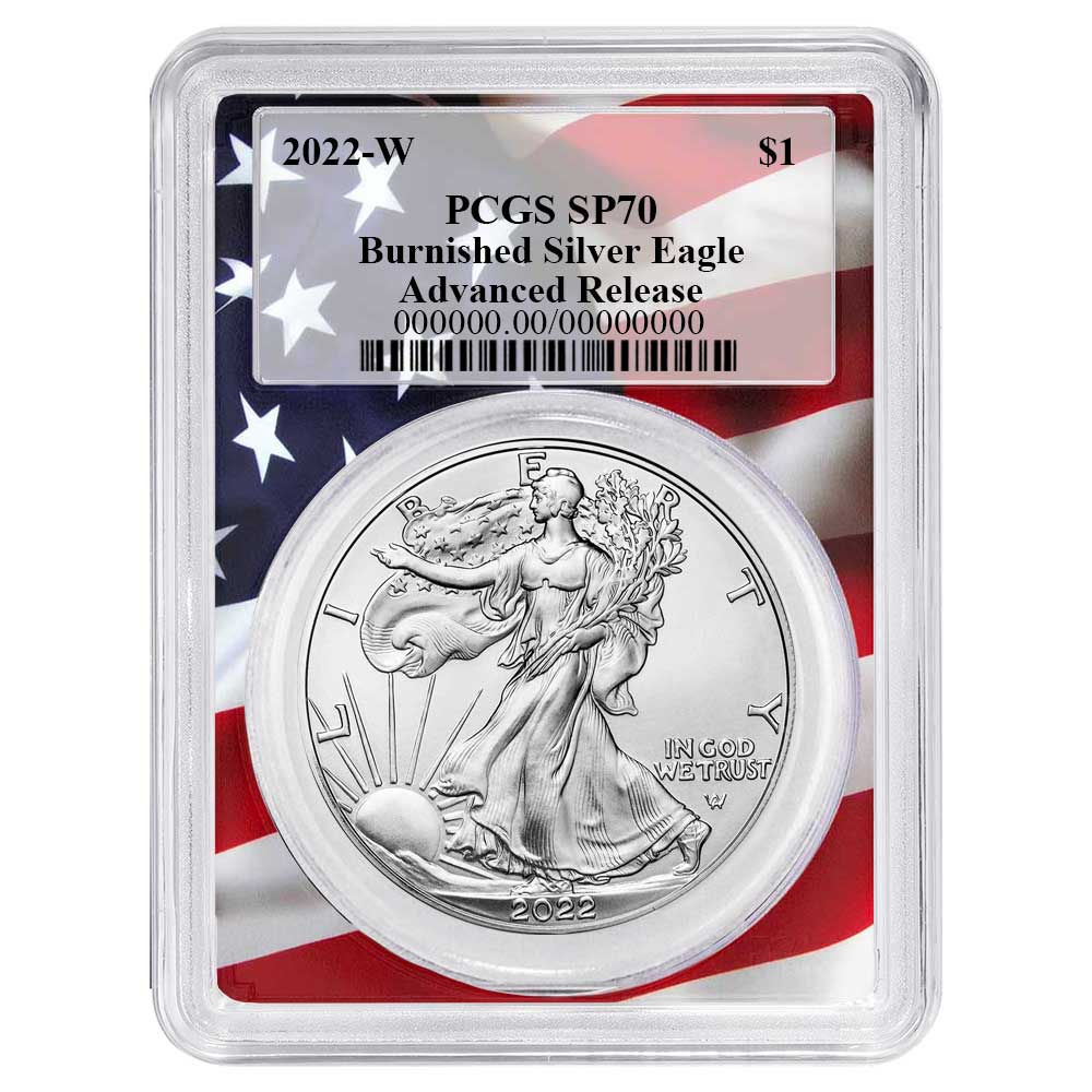 2022-W Burnished $1 American Silver Eagle PCGS SP70 AR Flag Frame