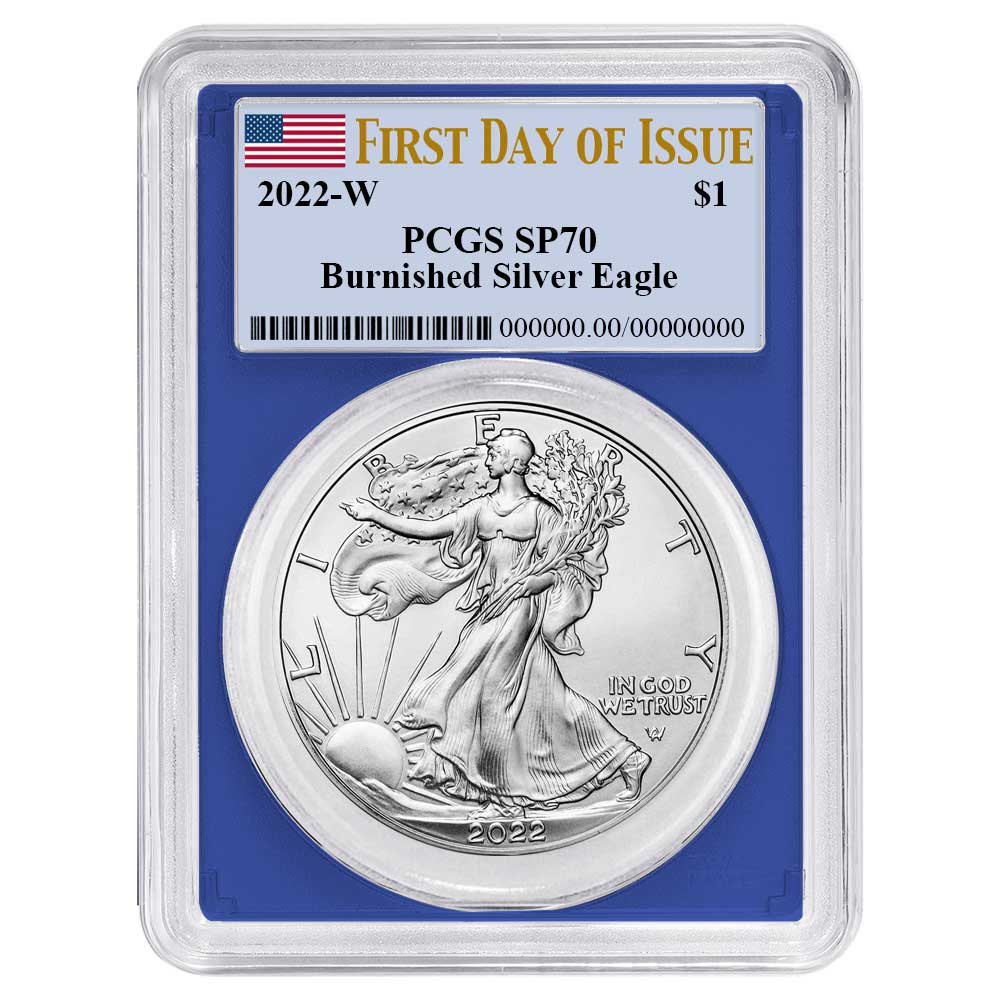 2022-W Burnished $1 American Silver Eagle PCGS SP70 FDOI Flag Label Blue Frame