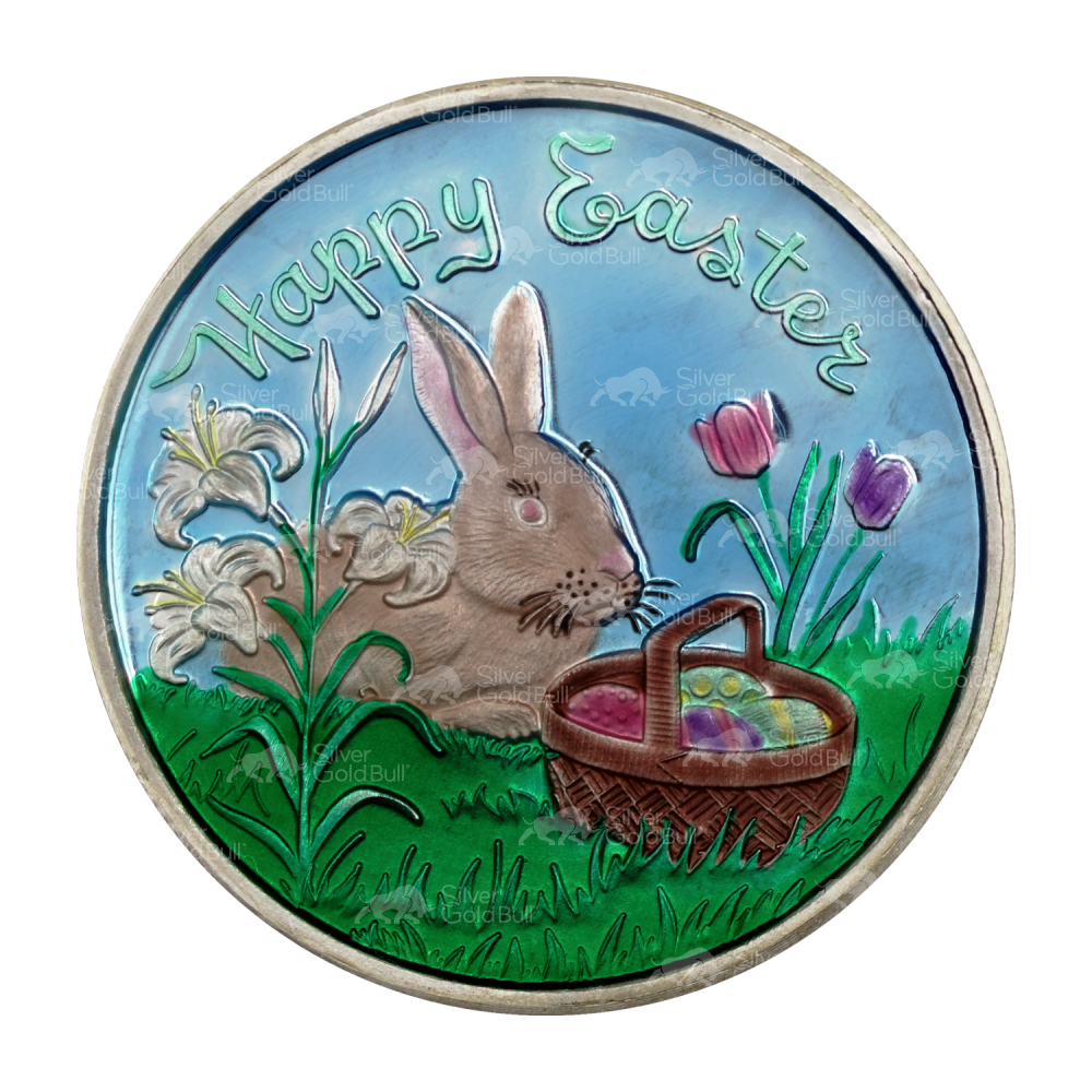 1 oz Colorized Brown Bunny, Eggs, and Basket Easter Silver Round | Silvertowne Mint