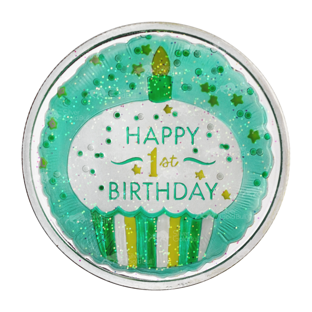 1 oz Happy First Birthday with Cupcake Colourized Silver Round | Silvertowne Mint
