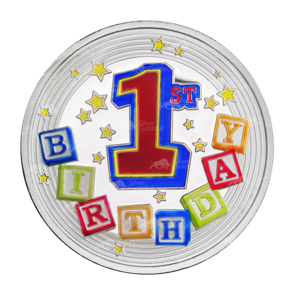 1 oz First Birthday with Blocks Colourized Silver Round | Silvertowne Mint