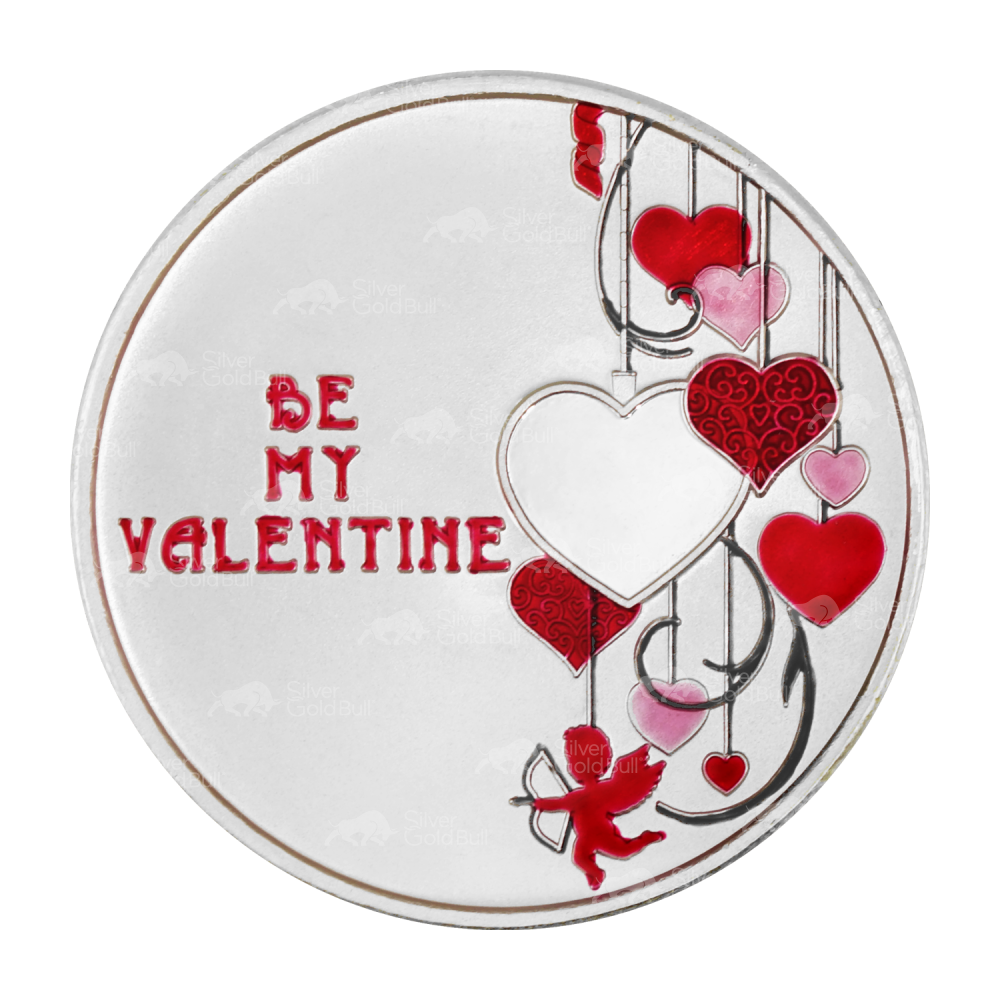 1 oz Be My Valentine White Heart Colourized Silver Round | Silvertowne Mint
