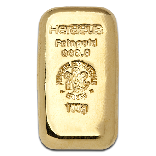 100g Heraeus 999.9 Fine Gold Bar Casted
