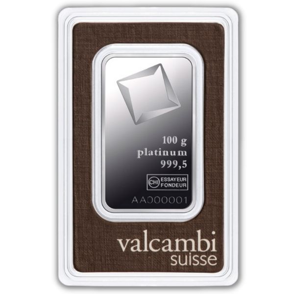 Valcambi Suisse 100 gram Platinum Bar (New in Assay)