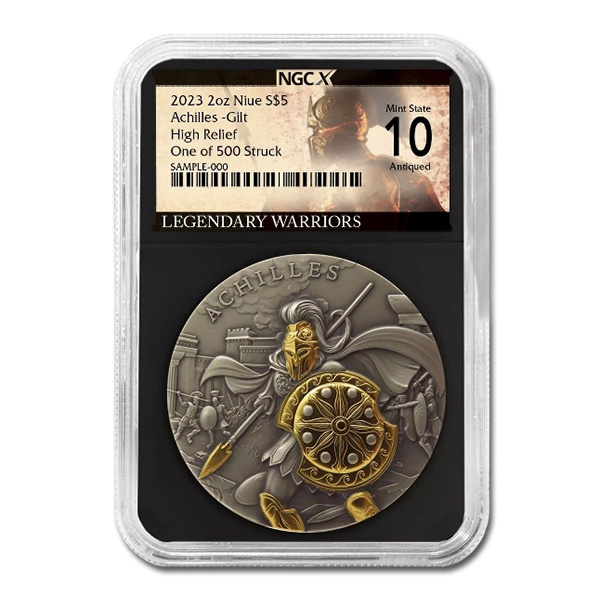 2023 Niue Achilles 2 oz High Relief Antiqued &amp; Gold Gilded Silver Coin | NGCX 10