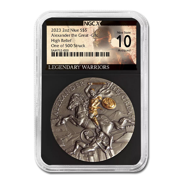 2023 Niue Alexander the Great 2 oz High Relief Antiqued &amp; Gold Gilded Silver Coin | NGCX 10