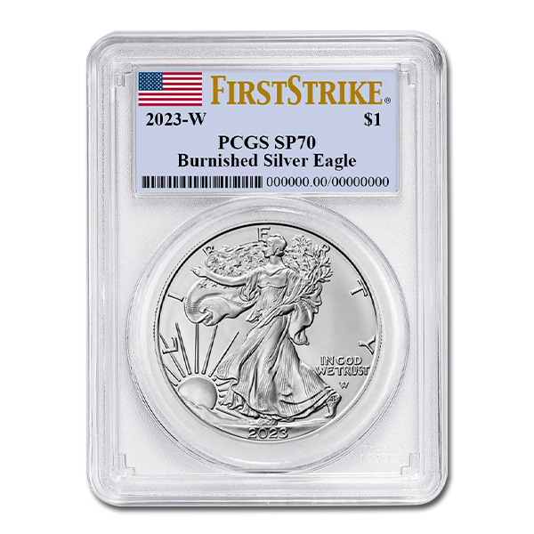 2023-W Burnished American Silver Eagle – PCGS SP70 First Strike Flag Label