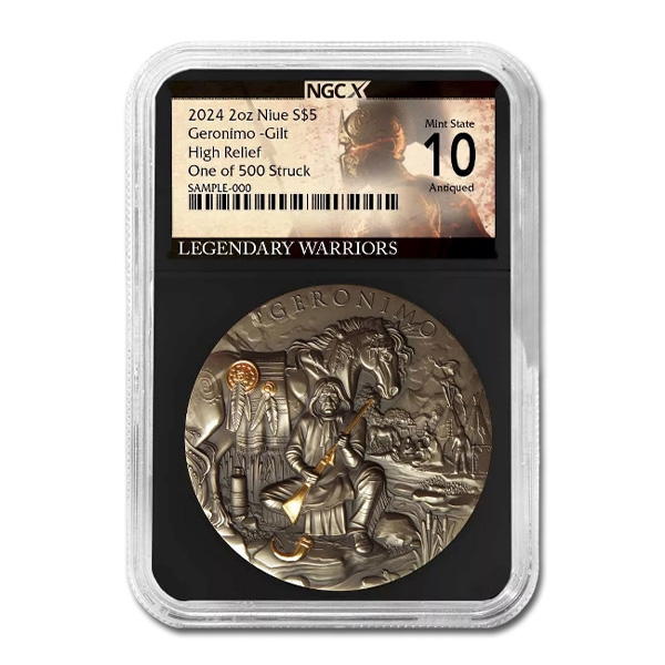 2024 Niue Geronimo 2 oz High Relief Antiqued &amp; Gold Gilded Silver Coin | NGCX 10