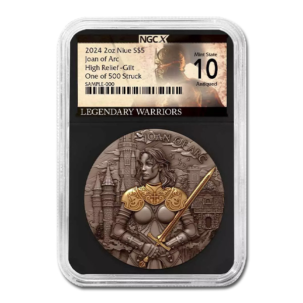 2024 Niue Joan of Arc 2 oz High Relief Antiqued &amp; Gold Gilded Silver Coin | NGCX 10