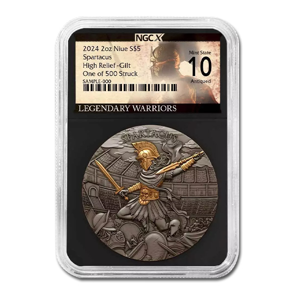 2024 Niue Spartacus 2 oz High Relief Antiqued &amp; Gold Gilded Silver Coin | NGCX 10