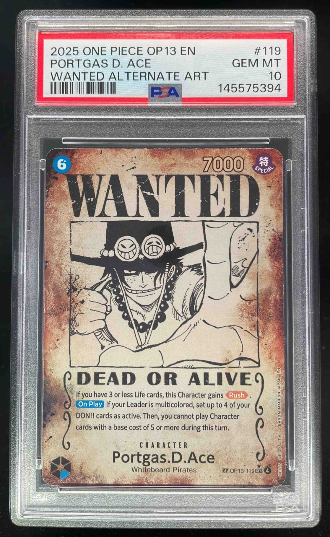 2025 One Piece OP13 EN #119 Portgas D Ace Wanted Alternate Art Art PSA 10