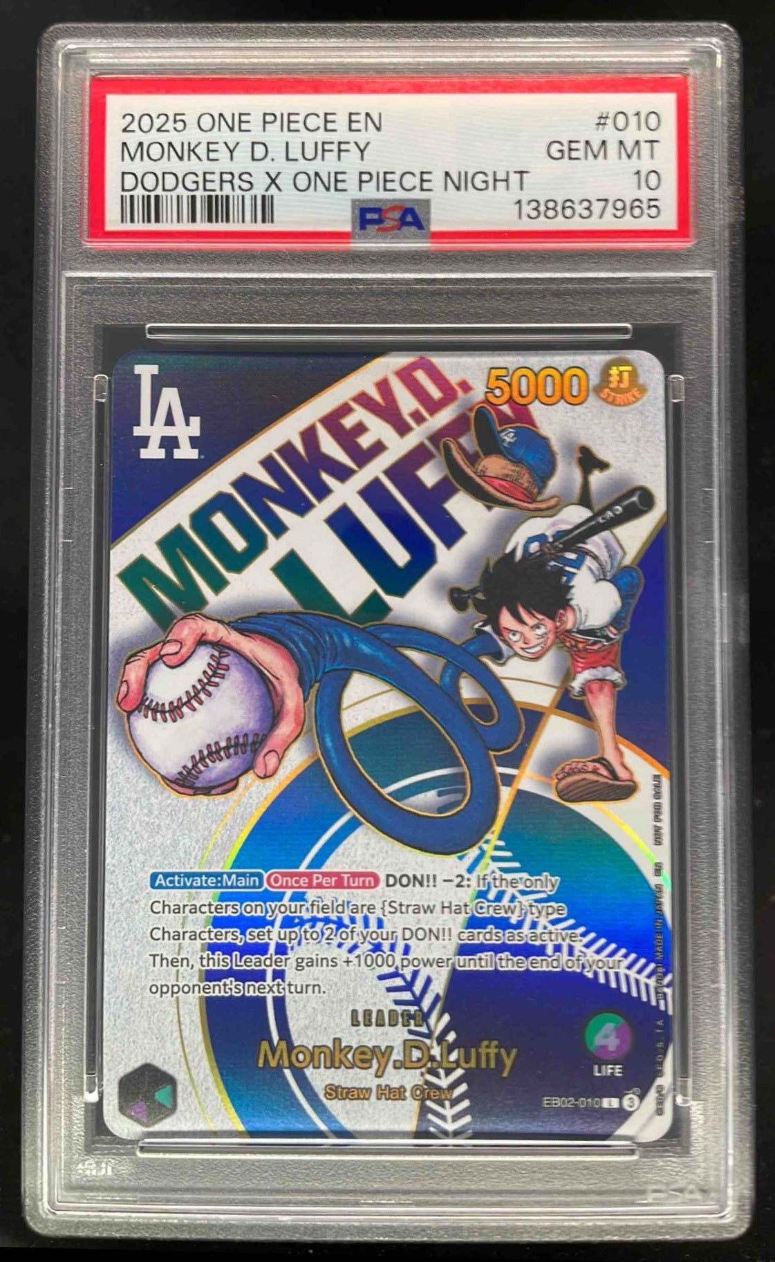 2025 One Piece Promo LA Dodgers One Piece Night Monkey D Luffy PSA 10