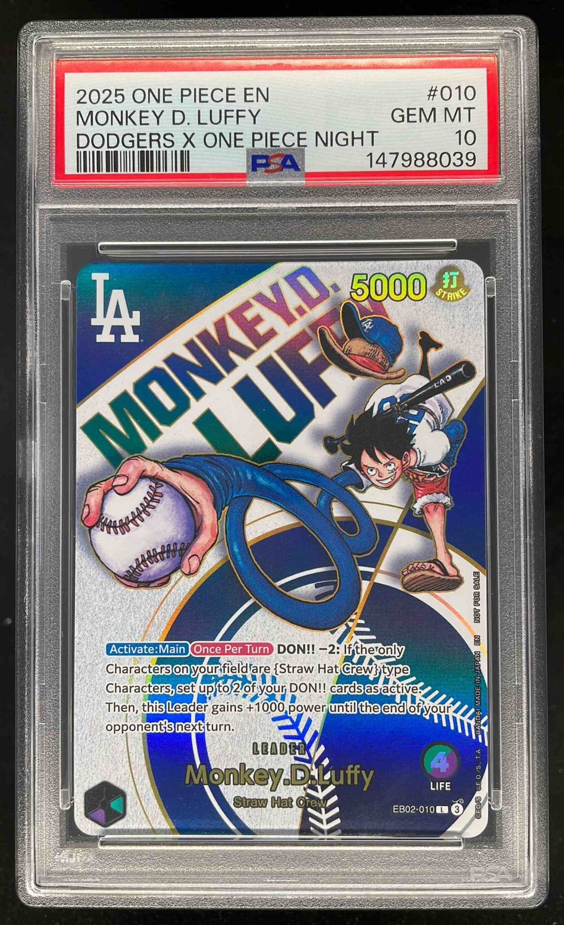 2025 One Piece Promo LA Dodgers One Piece Night Monkey D Luffy PSA 10