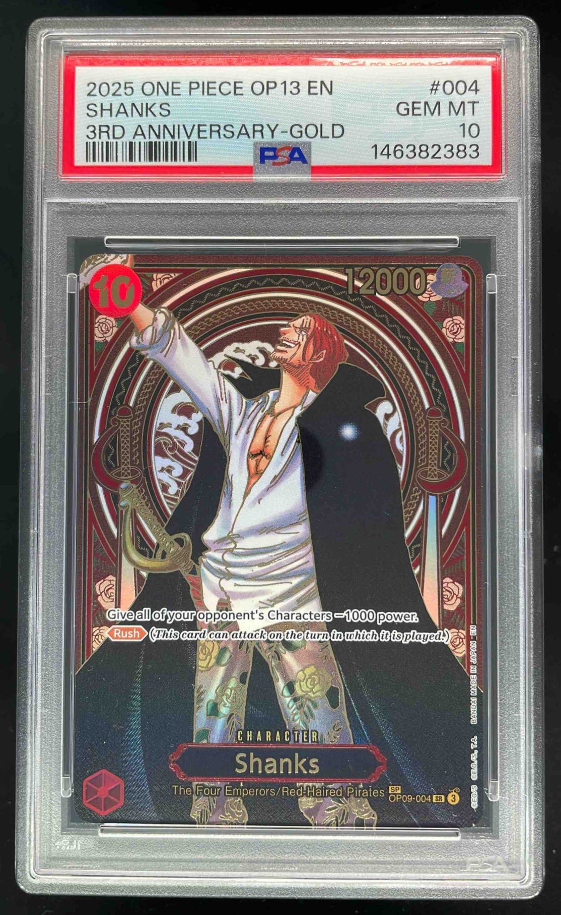 2025 One Piece OP13 EN 3rd Anniversary Gold #004 Shanks PSA 10