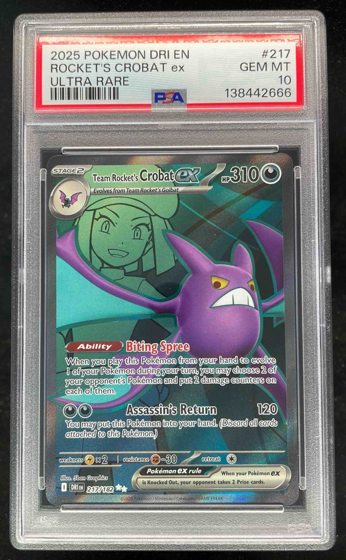 2025 Pokemon Destined Rivals #217/182 Team Rocket's Crobat ex PSA 10
