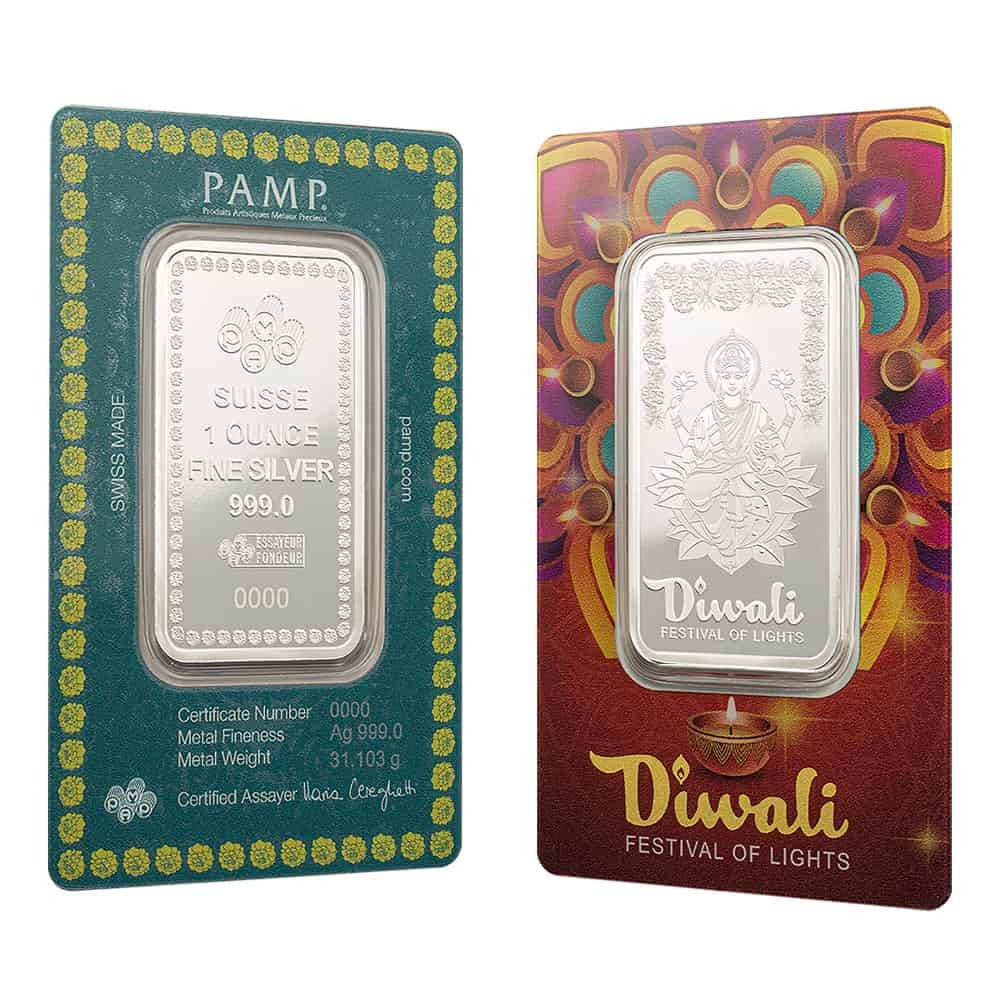 1 oz PAMP Suisse Diwali Lakshmi & Rangoli Silver Bar .999 Fine (in Assay)