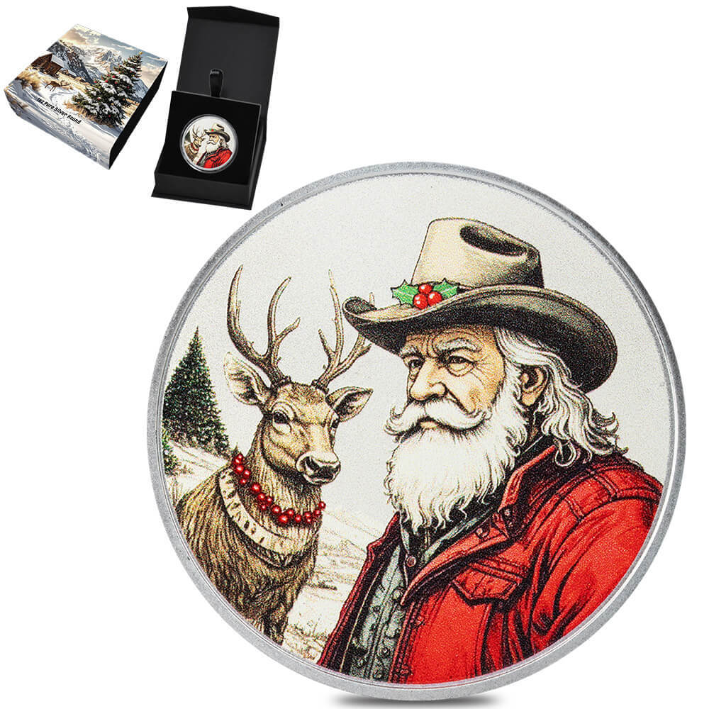 1 oz PAMP Western Santa Colorized Silver Round (w/Box)