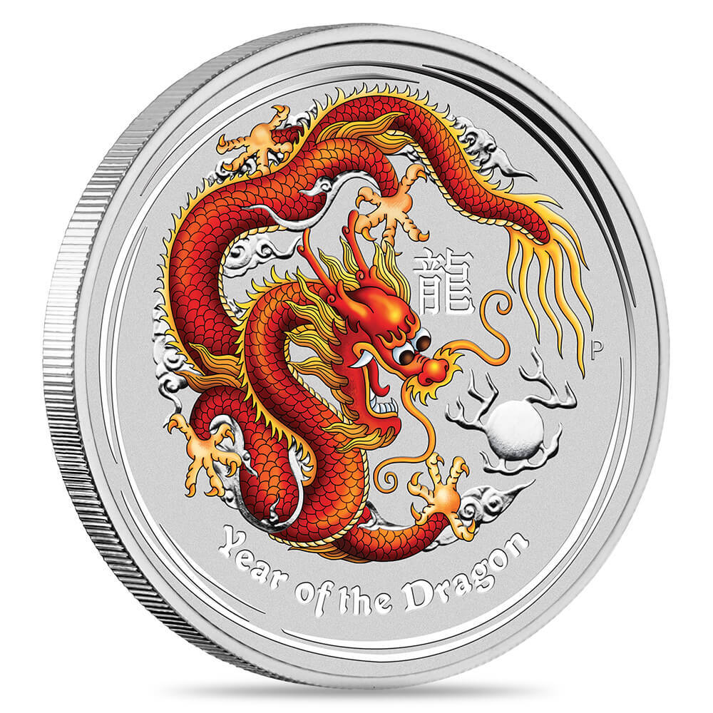 2012 5 oz Colorized Silver Lunar Dragon BU Australian Perth Mint