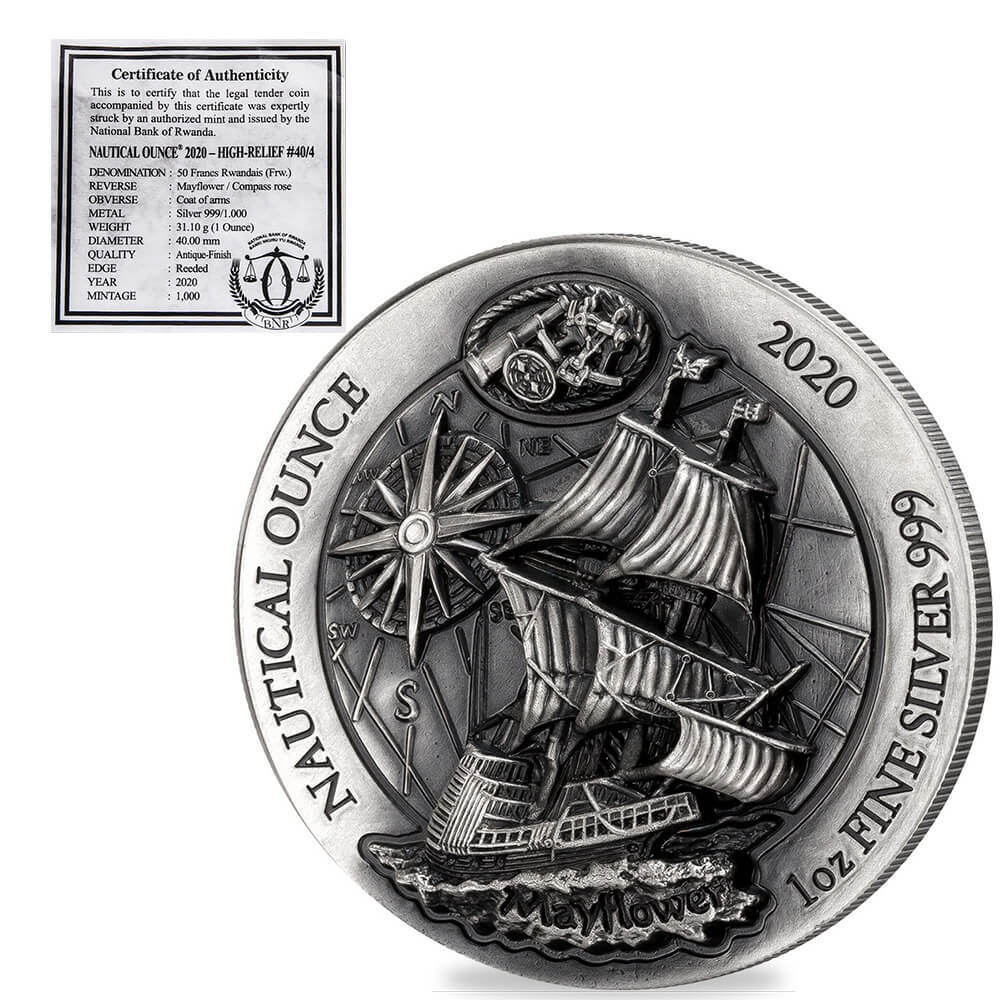 2020 Rwanda 1 oz Nautical Ounce Mayflower Antiqued Silver Coin