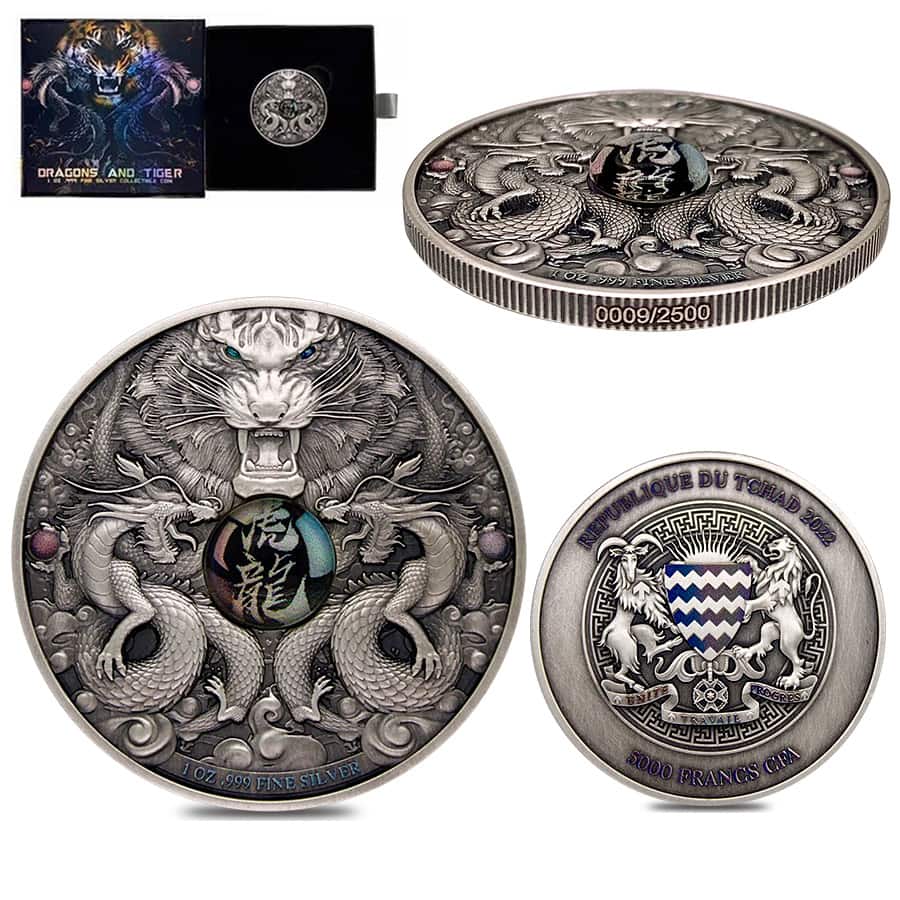 2022 Chad 1 oz Silver Dragon and Tiger Coin Serial #9 High Relief (w/Box)
