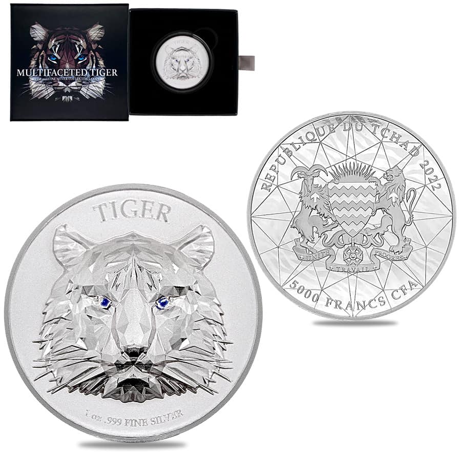 2022 Chad 1 oz Silver Multifaceted Tiger Ultra High Relief Coin .999 Fine (w/Box)