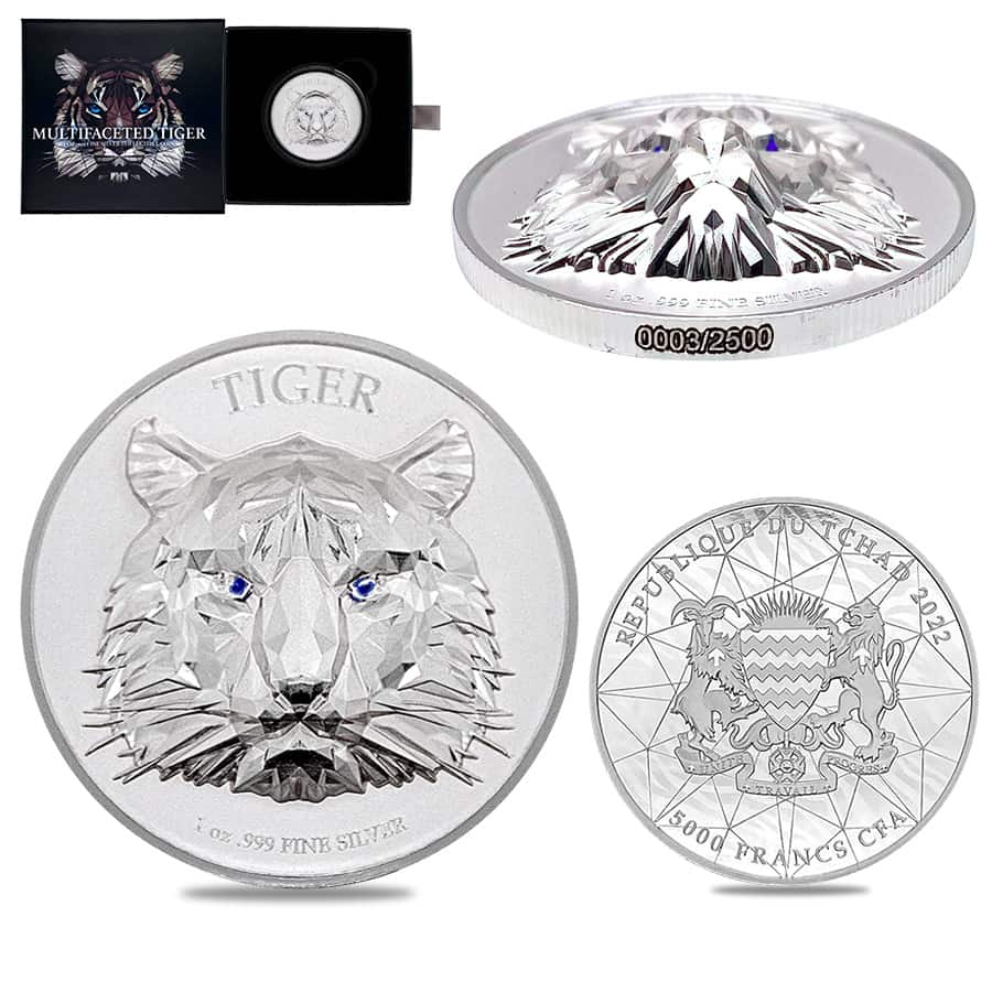 2022 Chad 1 oz Silver Multifaceted Tiger Coin Serial #3 Ultra High Relief (w/Box)