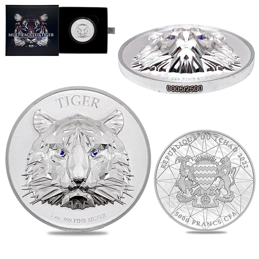 2022 Chad 1 oz Silver Multifaceted Tiger Coin Serial #5 Ultra High Relief (w/Box)