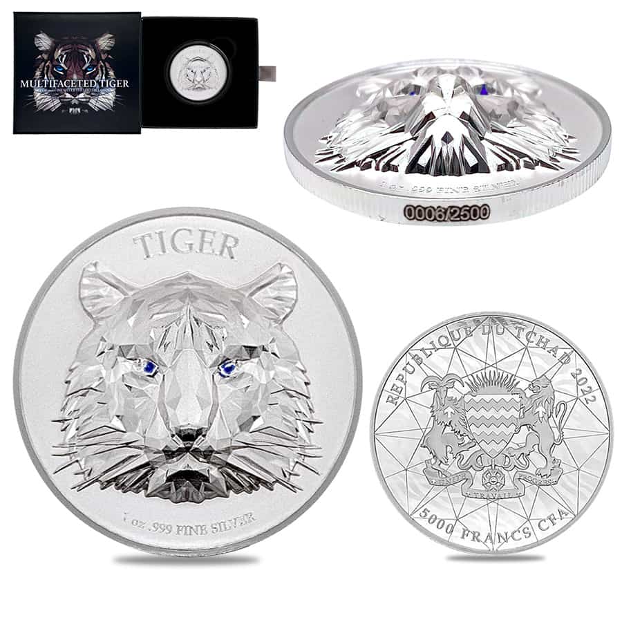 2022 Chad 1 oz Silver Multifaceted Tiger Coin Serial #6 Ultra High Relief (w/Box)