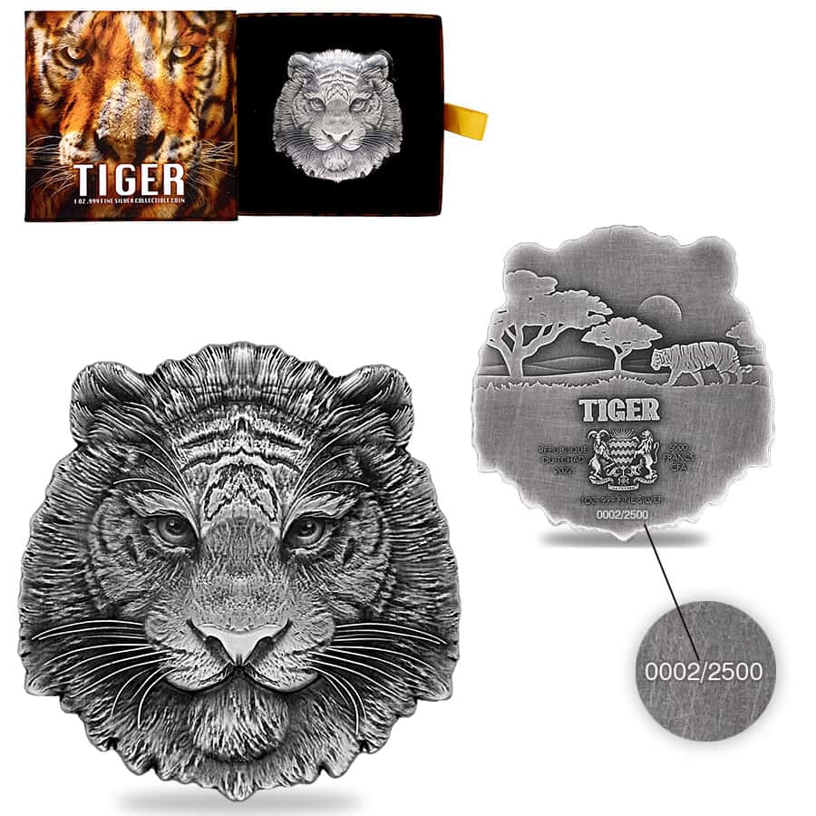 2022 Chad 1 oz Silver Tiger Coin Serial #2 Shaped High Relief (w/Box)