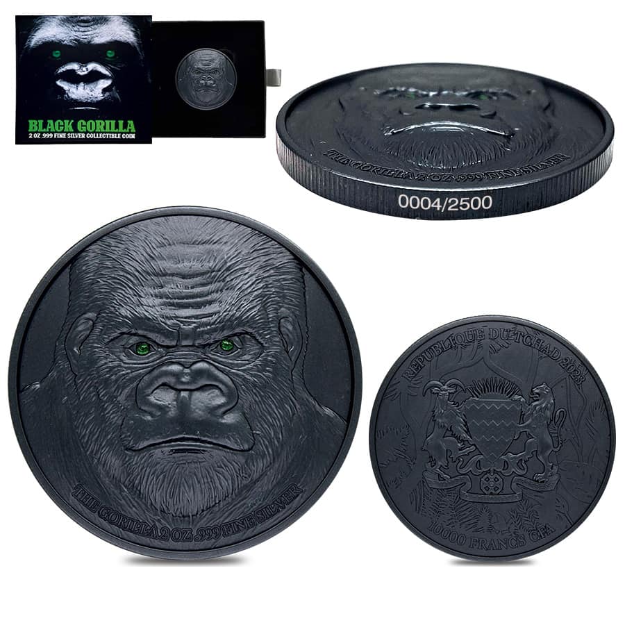 2023 Chad 2 oz Silver Black Gorilla Coin Serial #4 High Relief (w/Box)