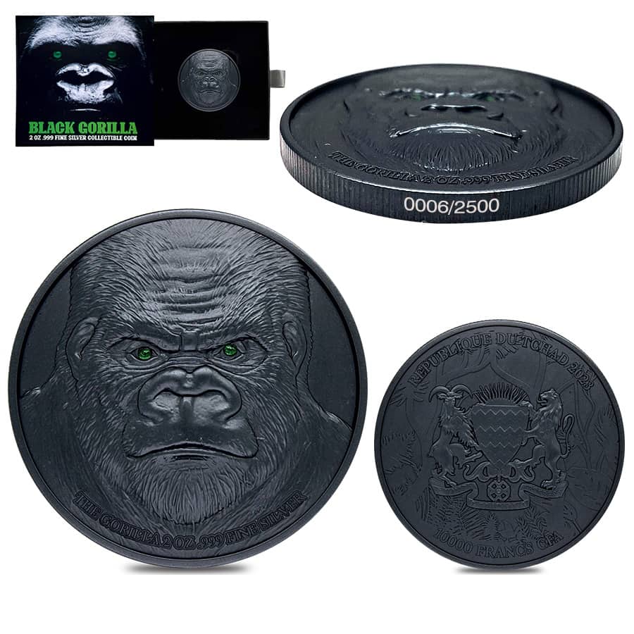 2023 Chad 2 oz Silver Black Gorilla Coin Serial #6 High Relief (w/Box)