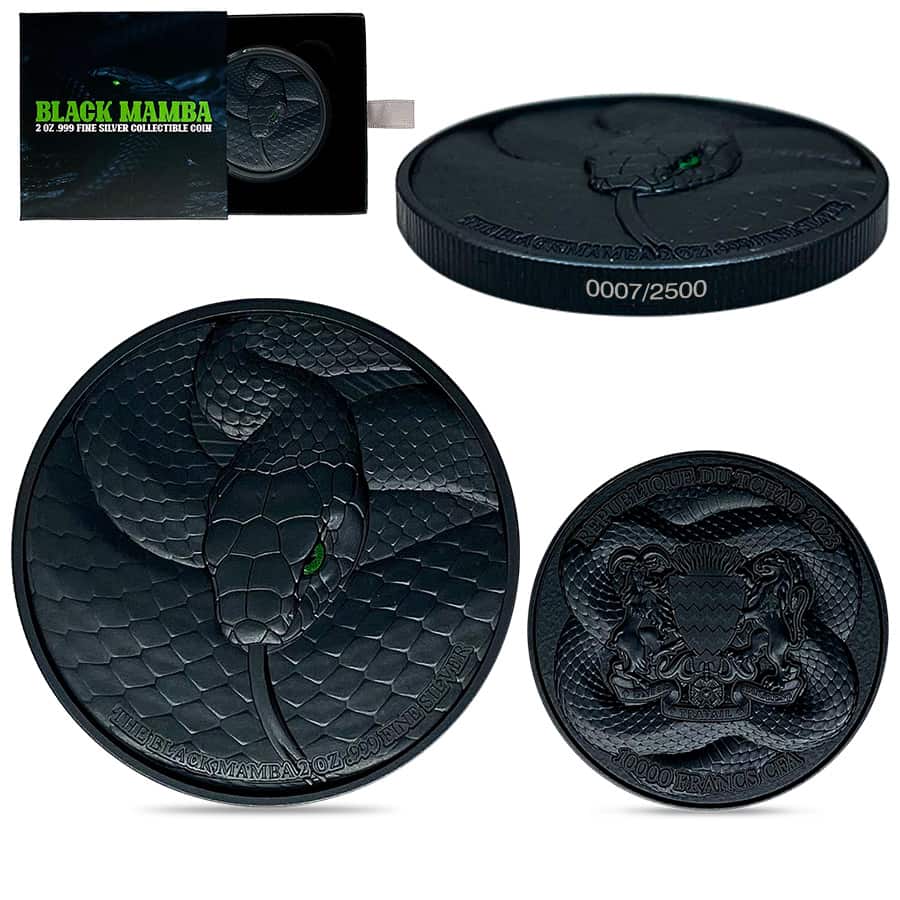 2023 Chad 2 oz Silver Black Mamba Coin Serial #7 High Relief (w/Box)