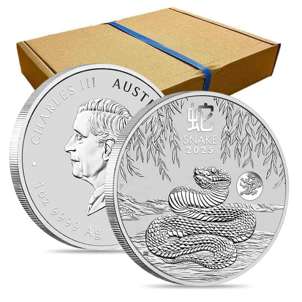 Box of 100 - 2025 1 oz Silver Lunar Snake Dragon Privy BU Australian Perth Mint